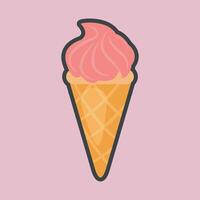 strawberry ice cream cone waffer with outline flat design. vector