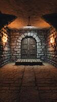 An old stone tunnel with a door and light photo