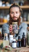 A bearded man holding a jar of herbs and spices photo