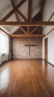 An empty room with wooden beams and a cross photo
