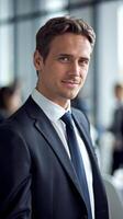 A man in a suit and tie standing in front of a group of people photo