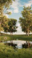 A pond with bubbles floating in it and trees in the background photo