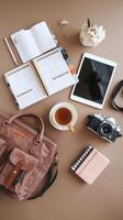 Laptop, camera, notebook, purse, coffee, planner, phone, notebook, planner, photo