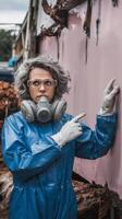 A woman in a blue suit and gas mask pointing at a wall photo