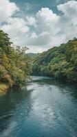 A river surrounded by trees and clouds photo