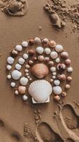 A circle of shells arranged in a circle on the sand photo