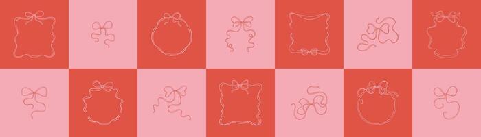 Romantic geometric bow ribbon pink and red background. Hand drawn whimsical circle and square frames. Holiday festive pattern. Love graphic pattern. Coquette girly feminine doodle style vector