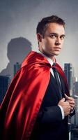 A man in a suit and tie is dressed as a superhero photo