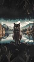 A cat sitting on a rock by a lake photo