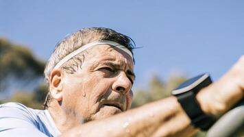 A closeup shot of an older mans determined face reflecting a mix of effort and attention as he monitors his heart rate variability through a smart fitness device during a workout.. photo