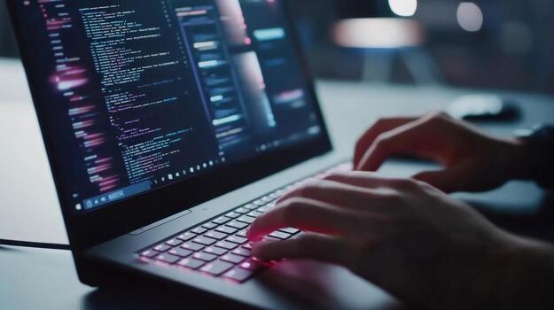 Software developer programming secure code on laptop at night photo