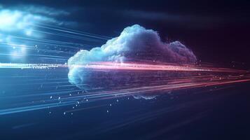 Cloud computing and cyber security, data streaming through digital cloud photo