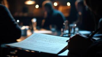 A closeup of a script lying open on the table filled with handwritten notes and annotations reveals the behindthescenes process while blurry silhouettes of actors and the director engag photo