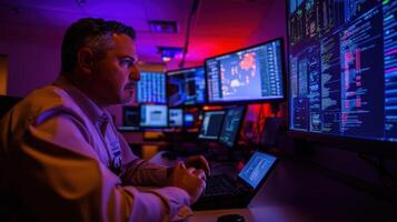 It professional monitoring cyber security using multiple computer screens in dark control room photo