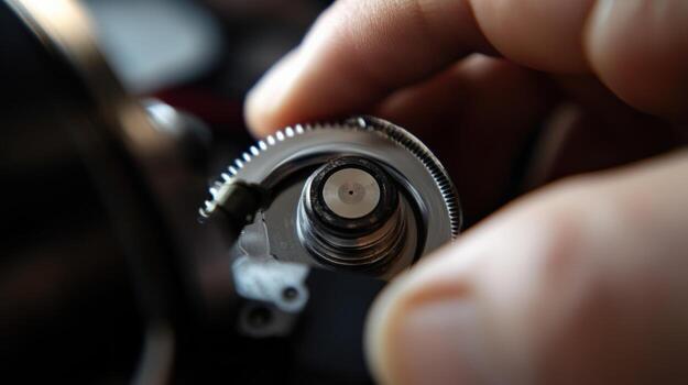 A closeup of a focus pullers hands adjusting the focus wheel showing the intricate mechanics of the camera while the blurred background hints at the dramatic scene unfolding just beyon photo