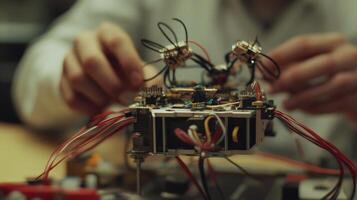 A closeup shot showcases a hightech gadget being assembled by a presenter with intricate components and wires tered across a blurred lab backdrop highlighting the intricate detail photo