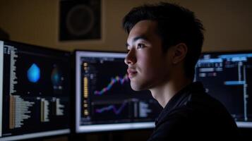 Cybersecurity analyst monitoring network traffic on multiple screens photo
