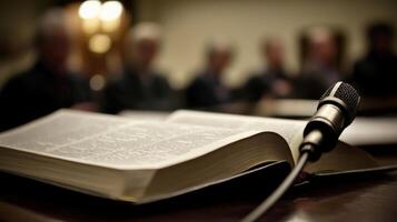 A closeup of an open book lying on the table with a microphone positioned nearby capturing the essence of the literary panel. In the background the outlines of attentive listeners ca photo