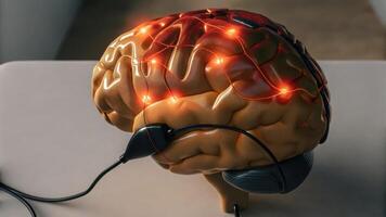 A digital representation of a brain with highlighted areas pulsating in response to stimuli illustrating the improved cognitive functions facilitated by an advanced neural implant.. photo