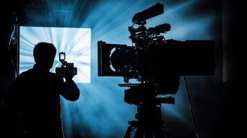 A focus puller stands behind a large cinema camera intently watching a monitor poised to make a precise adjustment as the lead actor takes their position for an emotionally charge photo