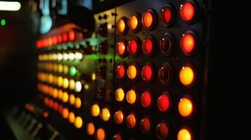 Closeup of a lighting board dials and switches illuminated against a backdrop of dim lights as the cinematographer carefully finetunes color gels to achieve a hauntingly atmospheri photo