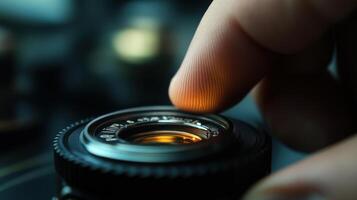 An intricate view of a cinematographers fingers delicately adjusting the aperture ring on a highquality lens with blurred elements of camera equipment and lighting in the background photo