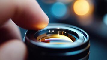 An intricate view of a cinematographers fingers delicately adjusting the aperture ring on a highquality lens with blurred elements of camera equipment and lighting in the background photo