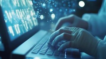 Software engineer programming secure code on laptop in futuristic environment photo