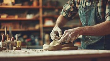 A skilled sculptor works diligently on a clay figure their hands expertly shaping the material. The background softly blurred features shelves filled with various tools and sculptin photo