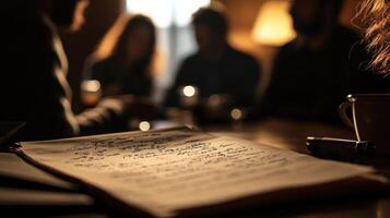 A closeup of a script lying open on the table filled with handwritten notes and annotations reveals the behindthescenes process while blurry silhouettes of actors and the director engag photo