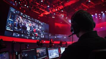 Technician controlling live event production with big screen and computers photo