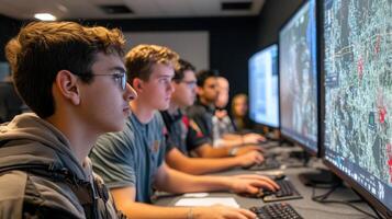 University students working on cyber security project using computers photo