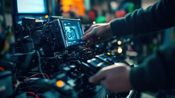 Closeup of a technicians hands as they secure a battery pack to the camera rig while intricate wiring from monitors and external lenses intertwines showcasing the complexity of th photo