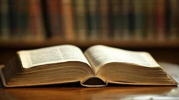 Open book lying on wooden table in library setting photo