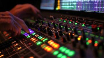 Sound engineer mixing music on audio mixing console in recording studio photo