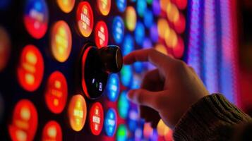 Filmmaker working on professional editing software pushing buttons and turning knob photo