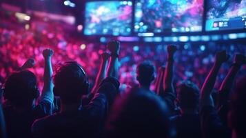 A wideangle view of the packed arena with spectators tightly seated and their faces illuminated by the glow of screens while a blurred motion effect captures the energy of the crow photo