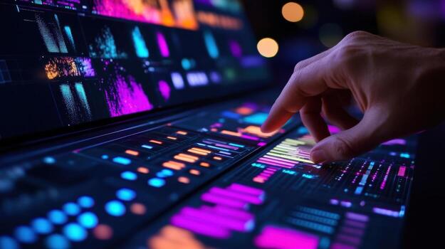 A closeup view of an artists hand manipulating a graphics tablet with a vibrant visual effect in progress on the computer screen behind. Layered images and motion paths are visibl photo