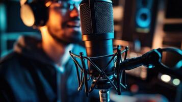 Sound engineer recording voiceover using studio microphone photo