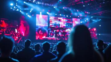 Wide shot of the game shows host energetically engaging with the audience gesturing towards a large creatively designed digital scoreboard that features blurring effects adding a sens photo