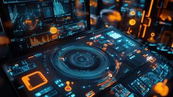 Futuristic control panel displaying complex data in a cybersecurity center photo