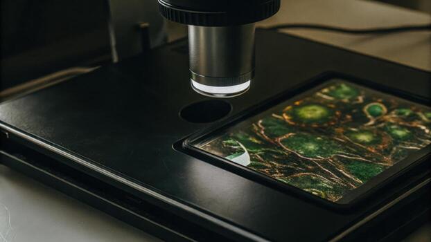 A closeup of a sleek digital microscope displaying vibrant images of cellular structures on its connected computer screen highlighting the intersection of DIY biology and hightech. photo