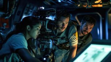 Film crew operating camera and checking footage on set photo