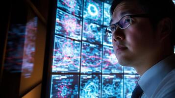 It engineer monitoring network security on multiple screens in data center photo