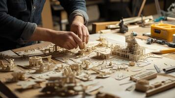 Focused and handson the art director is kneeling to inspect the placement of delicate props on a tabletop ensuring each element contributes to the overall narrative. Surrounding the photo