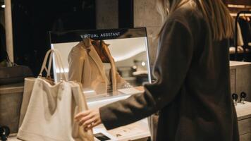 A holographic service portal displayed in a retail environment where a shopper interacts with a virtual assistant with realtime information flashing in front of them emphasizing. photo