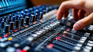 Closeup of an audio mixer with multiple channels showcasing the engineers hands as they deftly manipulate sliders while sound waveforms on a computer screen reflect the changes bein photo