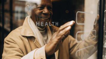 A medium closeup of an elderly man smiling as he interacts with a holographic interface that presents healthrelated information emphasizing accessibility and userfriendliness.. photo