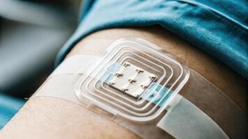 A closeup view of skin with a translucent patch over an embedded healthmonitoring implant demonstrating how the device interfaces seamlessly with the body.. photo