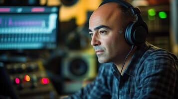 An audio engineer studies a set of headphones while analyzing audio levels on a digital display with the mixing console and various equipment in the blurred background of the contro photo